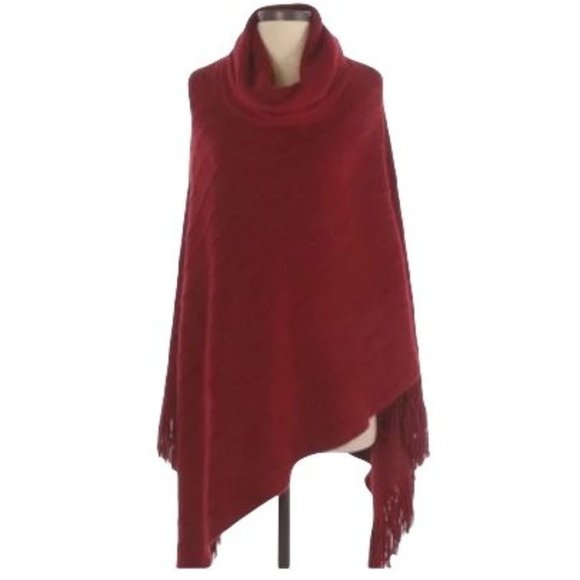 BCBGMAXAZRIA Knitted Fringed Cowl Neck Red Poncho Size S - Picture 1 of 7